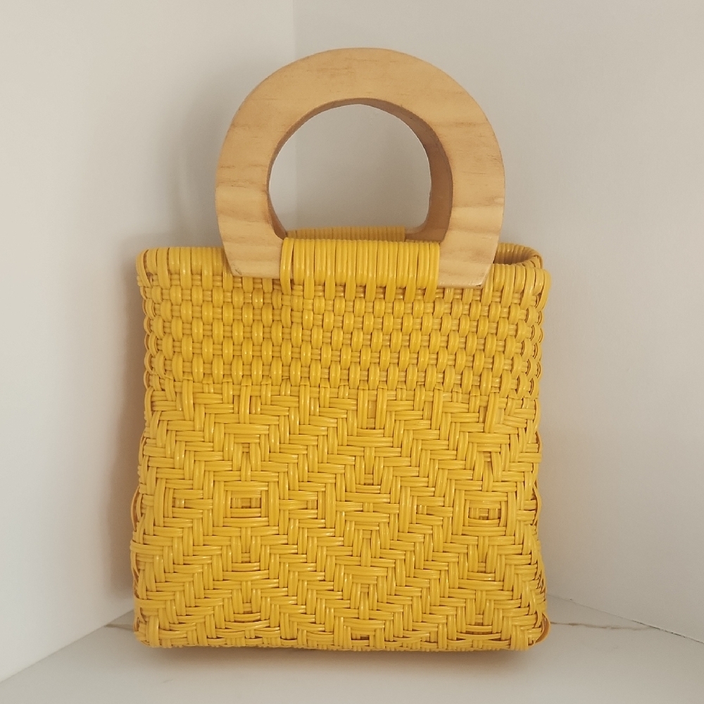 Yellow Woven Handbag with Wooden Handle